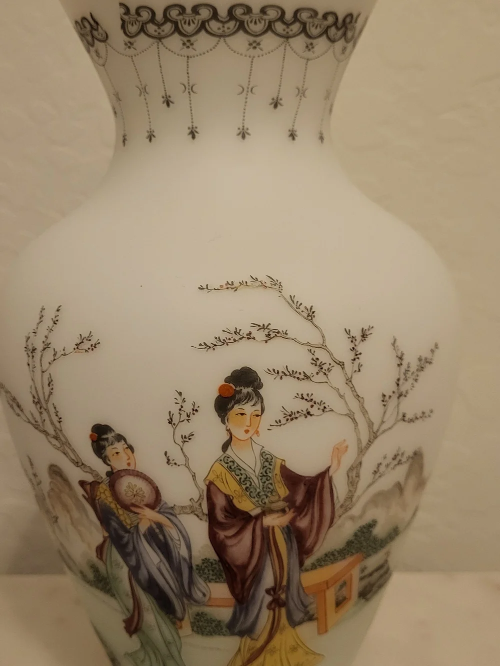 Vintage Frosted Opalescent Glass, Hand Painted Vase